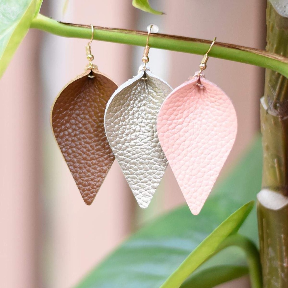 Gold Leather Petal Earrings - Picture 2 of 2